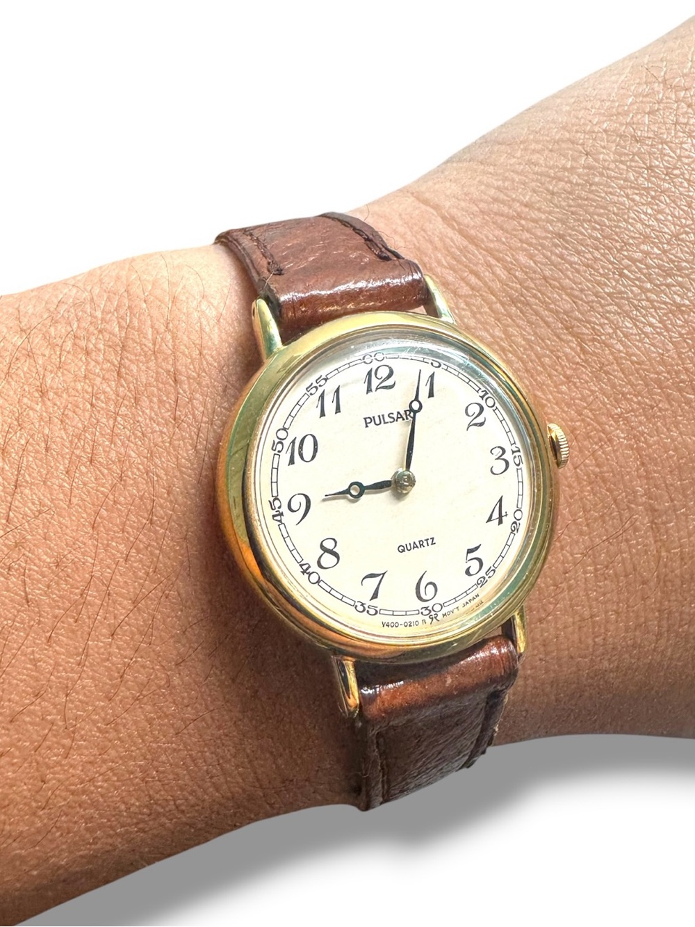 Pulsar Gold-Tone Case White Dial Brown Leather Strap Watch